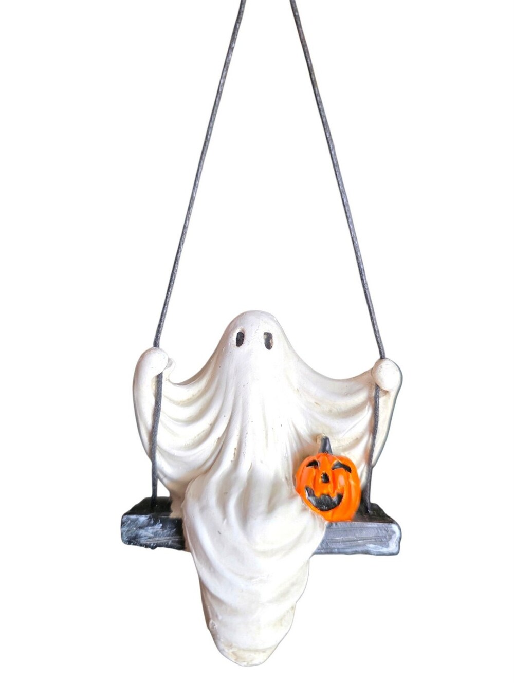 Cracker Barrel White Ghost On Swing Ornament with Orange Pumpkin Accent